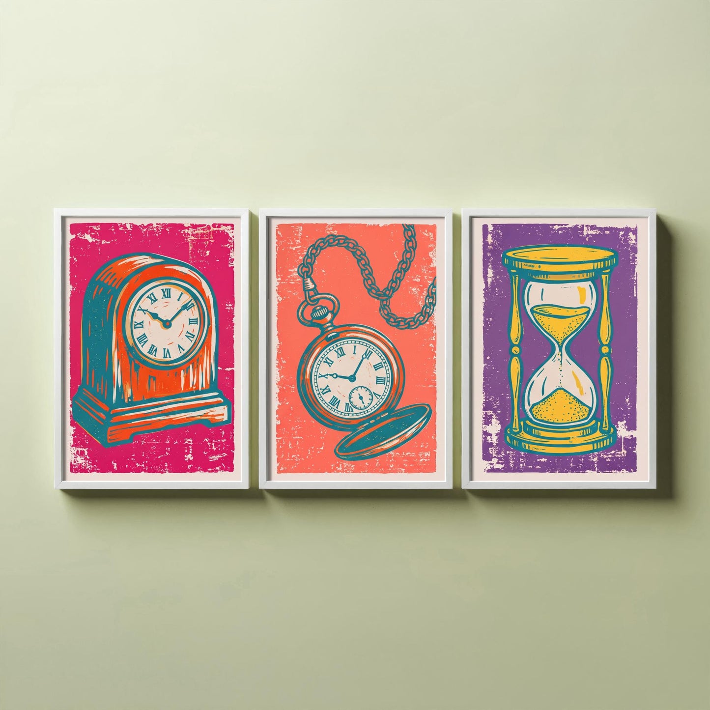 Set of Three Mantel Clock, Pocket Watch and Hourglass Art Prints - Clock Linocut Illustrations - Horology Posters V1