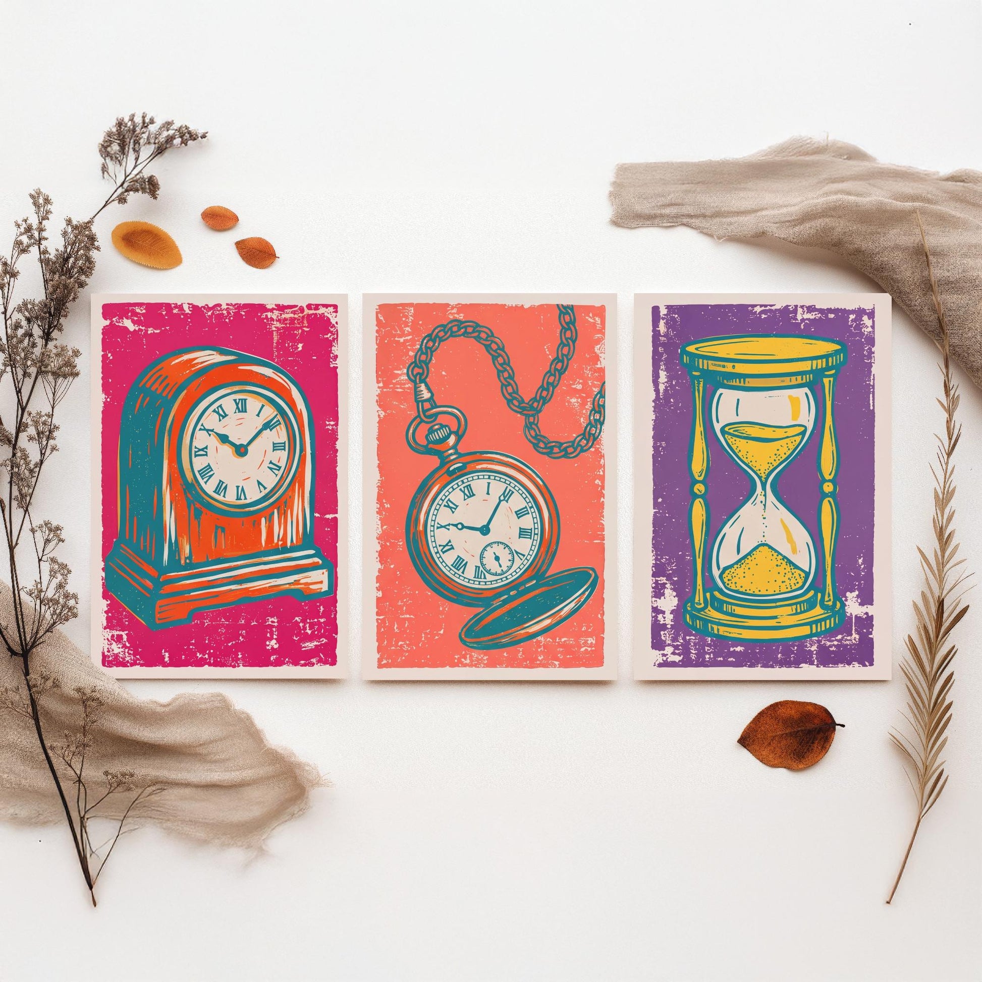Set of Three Mantel Clock, Pocket Watch and Hourglass Art Prints - Clock Linocut Illustrations - Horology Posters V1