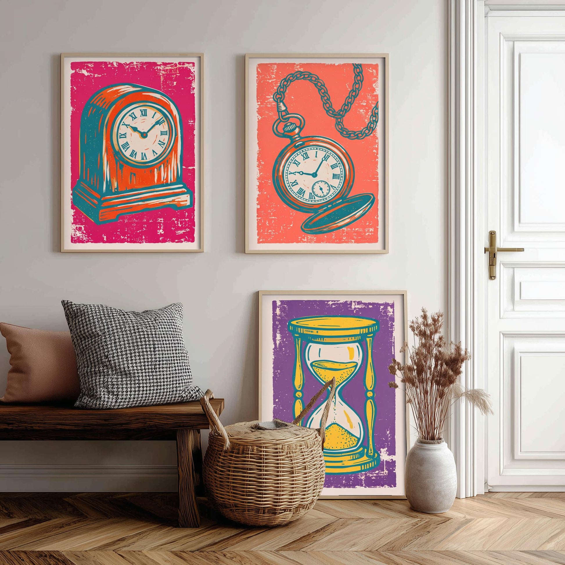 Set of Three Mantel Clock, Pocket Watch and Hourglass Art Prints - Clock Linocut Illustrations - Horology Posters V1