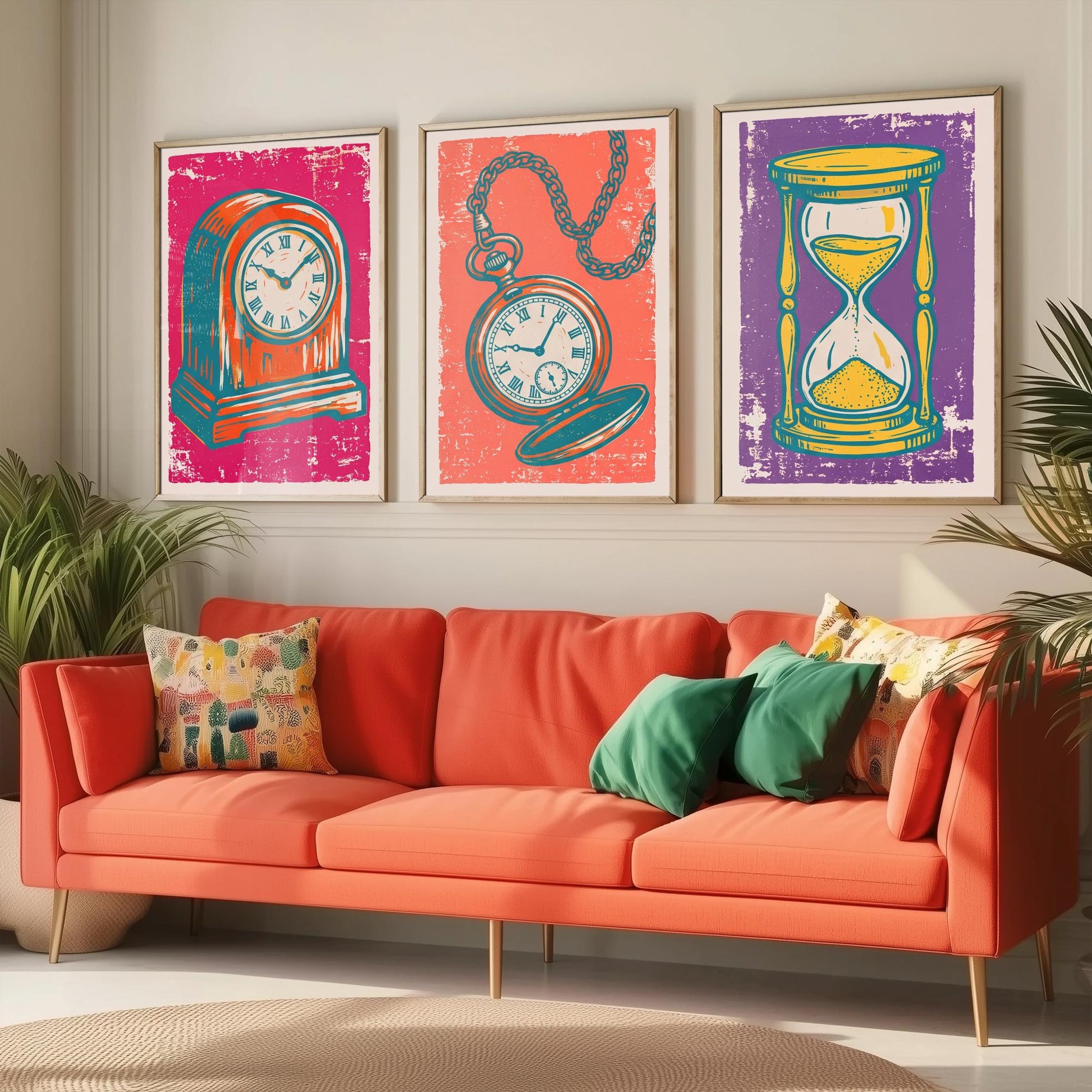 Set of Three Mantel Clock, Pocket Watch and Hourglass Art Prints - Clock Linocut Illustrations - Horology Posters V1