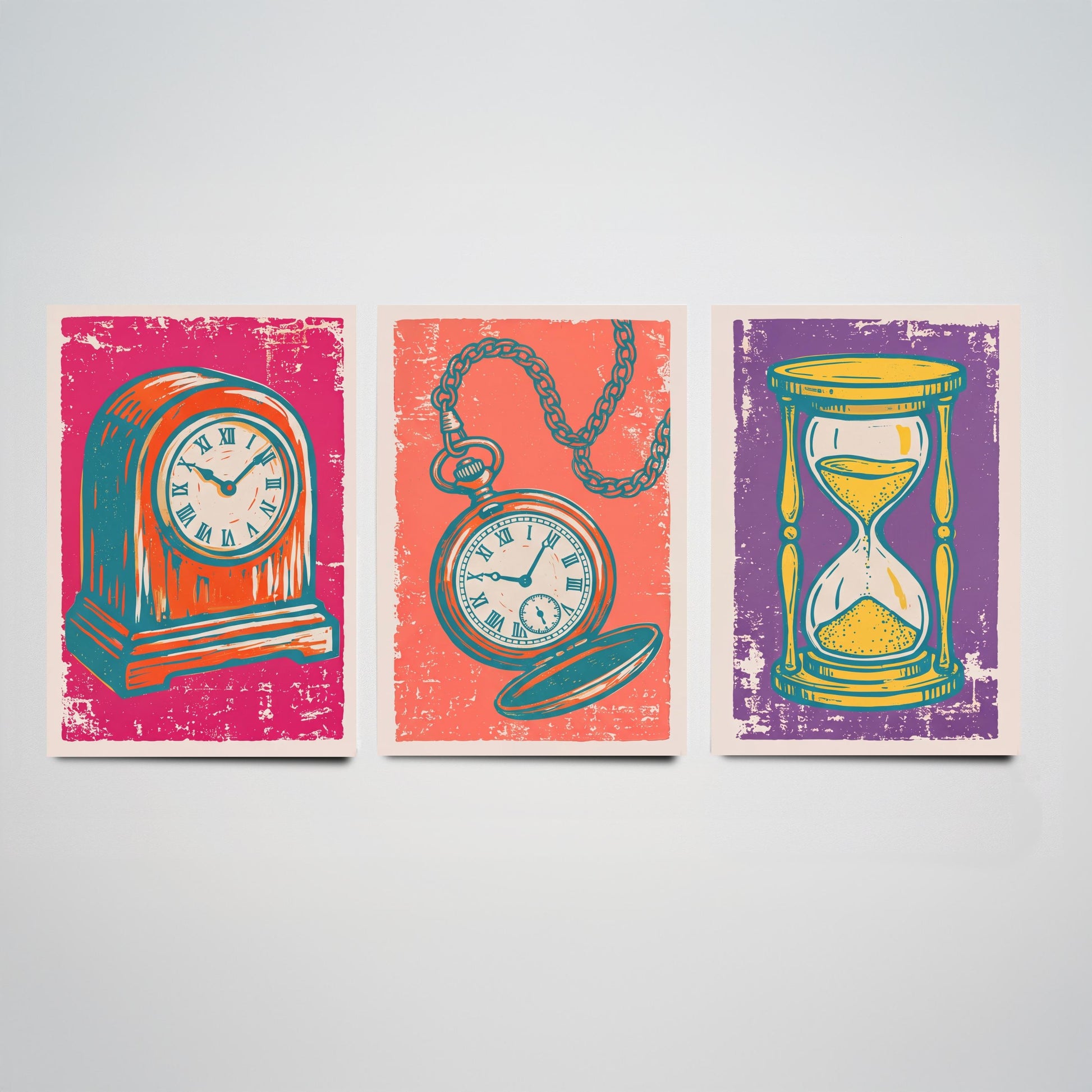 Set of Three Mantel Clock, Pocket Watch and Hourglass Art Prints - Clock Linocut Illustrations - Horology Posters V1