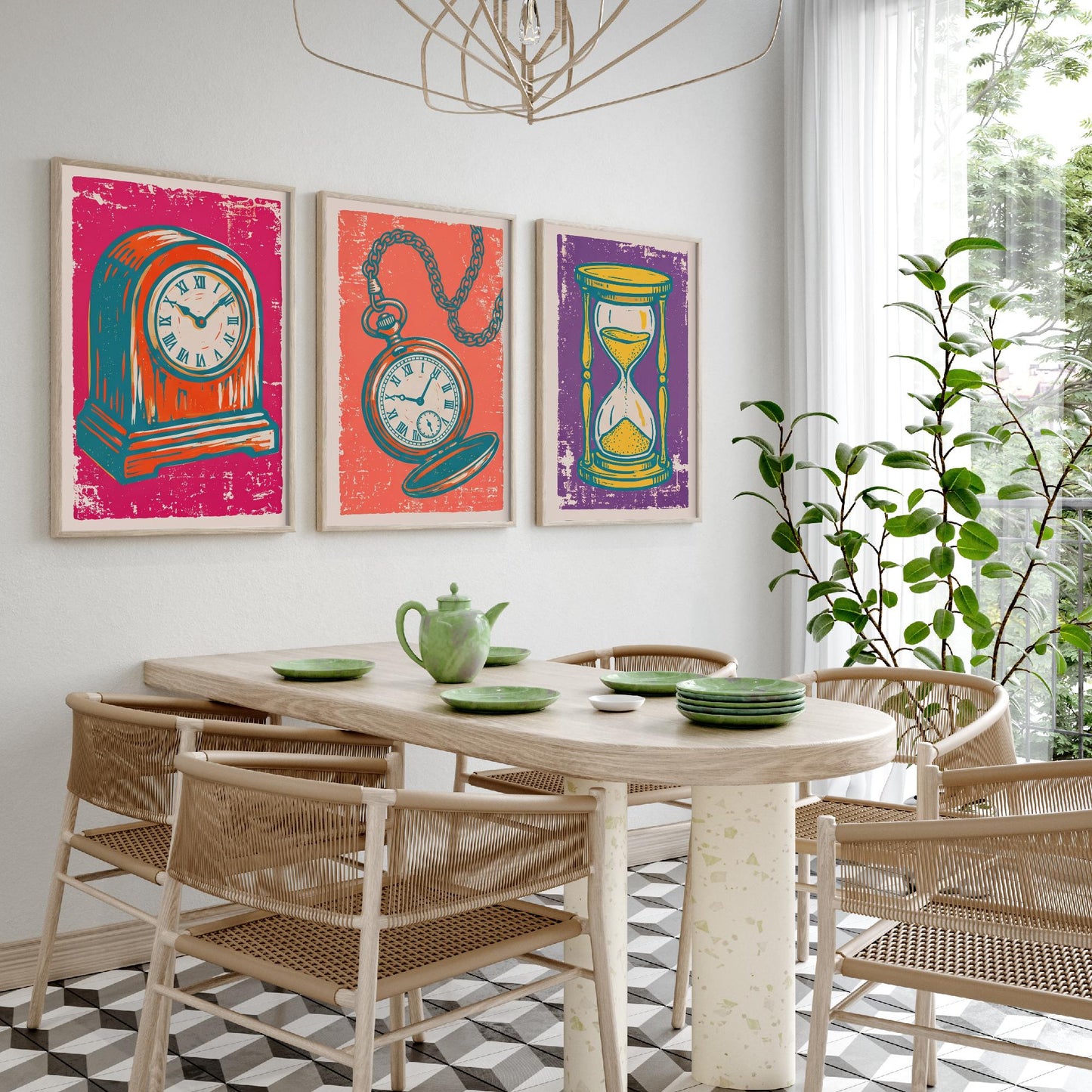 Set of Three Mantel Clock, Pocket Watch and Hourglass Art Prints - Clock Linocut Illustrations - Horology Posters V1