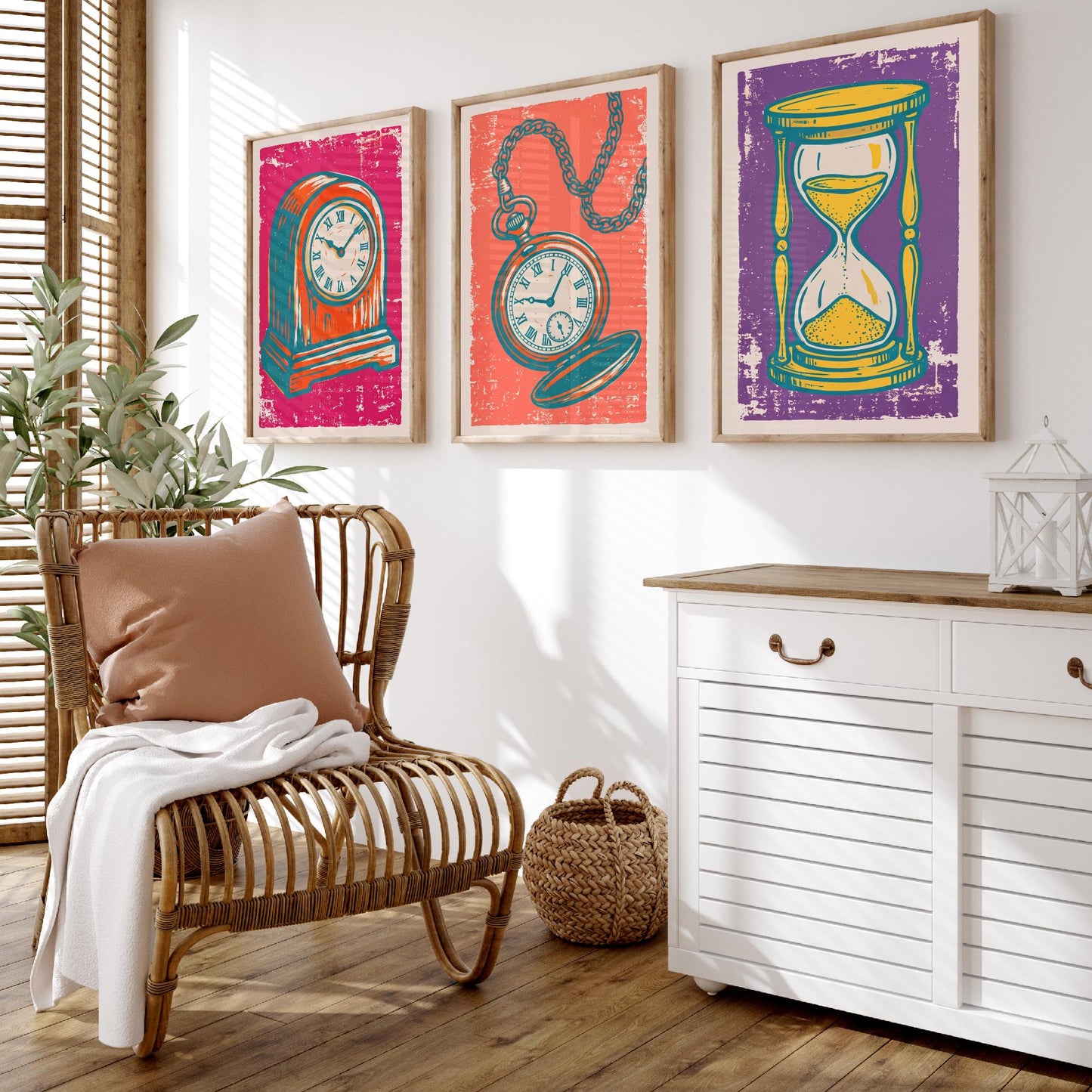 Set of Three Mantel Clock, Pocket Watch and Hourglass Art Prints - Clock Linocut Illustrations - Horology Posters V1