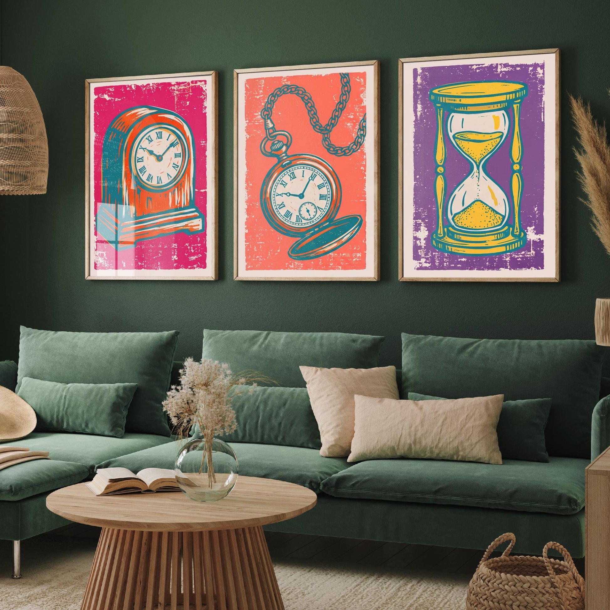 Set of Three Mantel Clock, Pocket Watch and Hourglass Art Prints - Clock Linocut Illustrations - Horology Posters V1