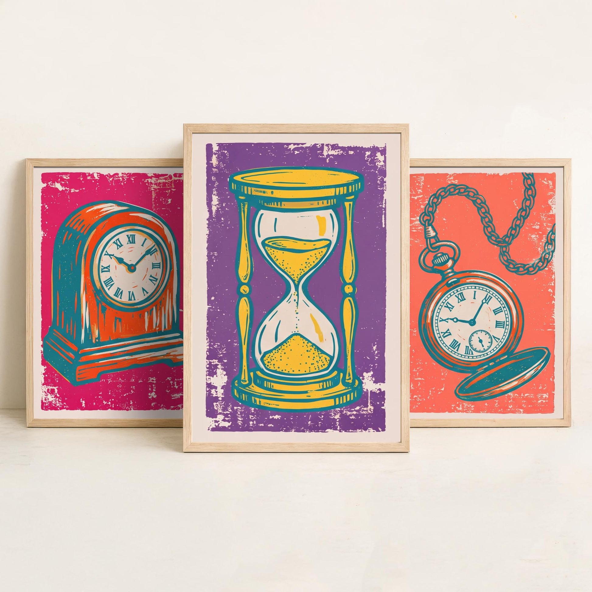 Set of Three Mantel Clock, Pocket Watch and Hourglass Art Prints - Clock Linocut Illustrations - Horology Posters V1