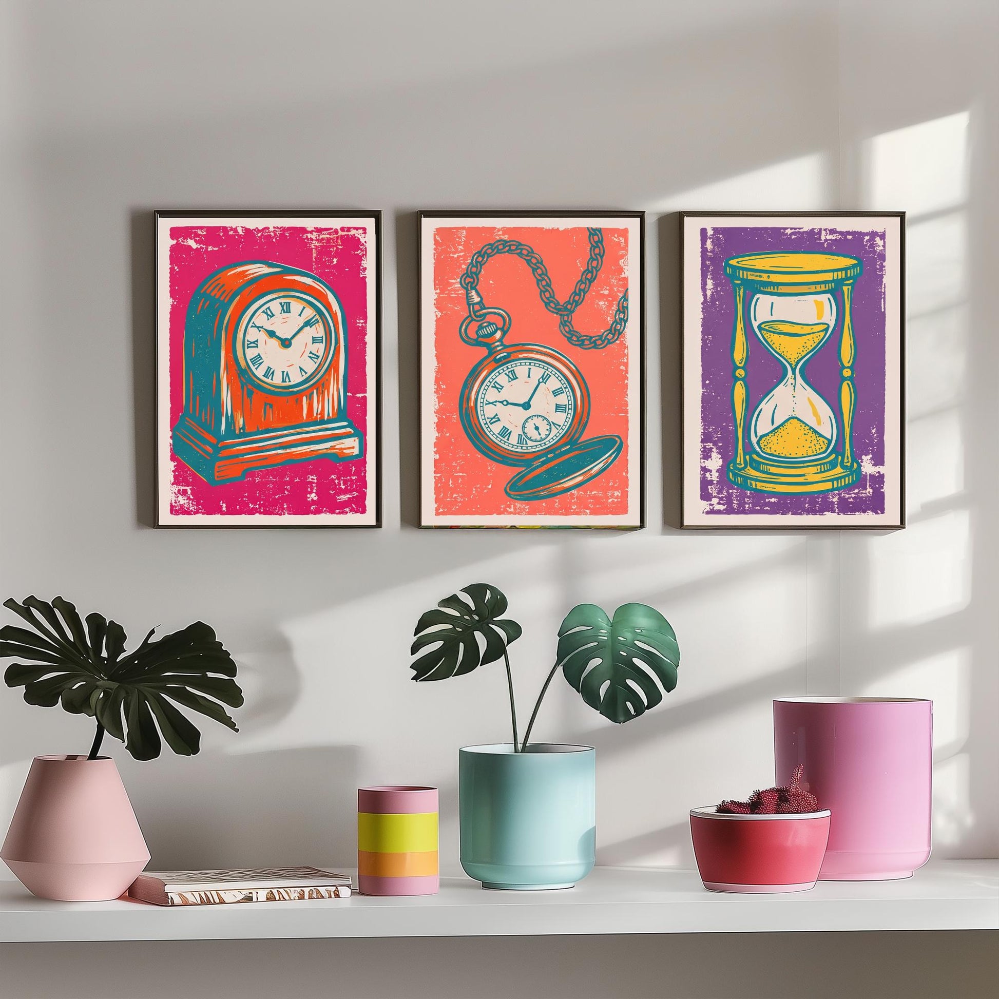 Set of Three Mantel Clock, Pocket Watch and Hourglass Art Prints - Clock Linocut Illustrations - Horology Posters V1