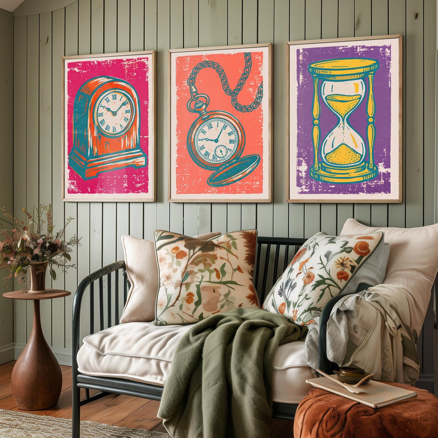 Set of Three Mantel Clock, Pocket Watch and Hourglass Art Prints - Clock Linocut Illustrations - Horology Posters V1