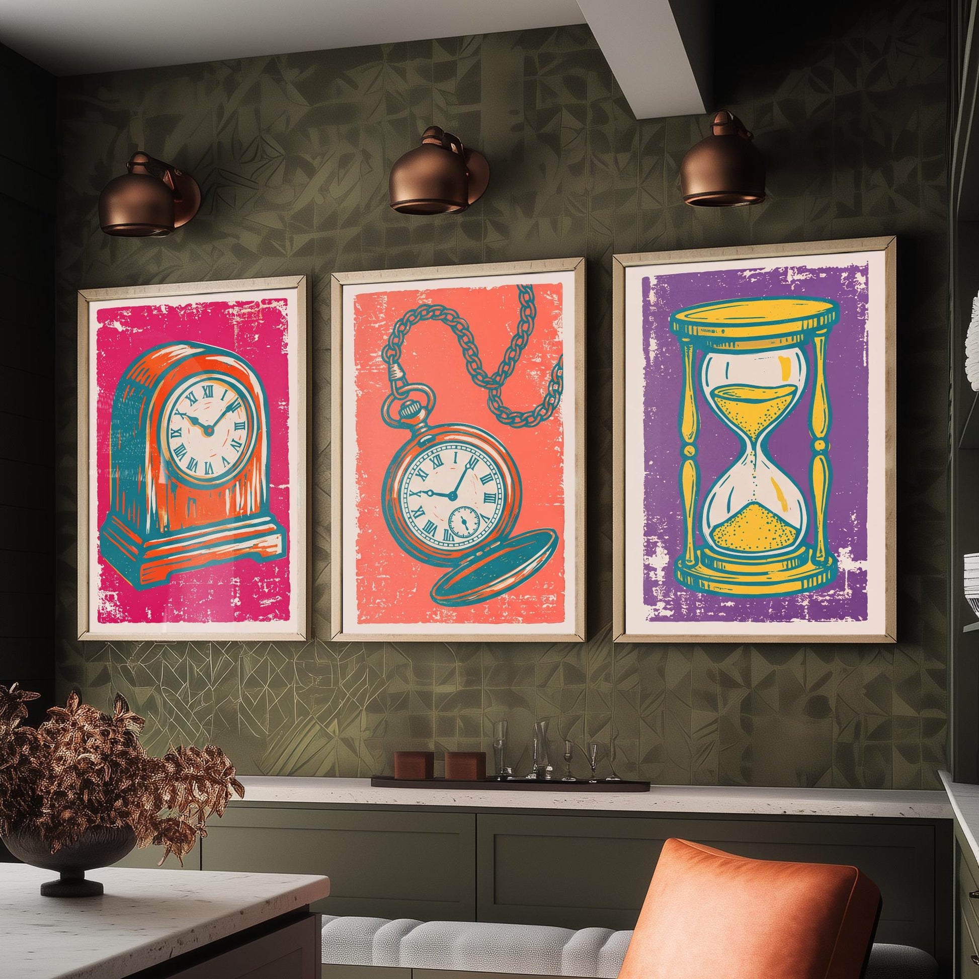 Set of Three Mantel Clock, Pocket Watch and Hourglass Art Prints - Clock Linocut Illustrations - Horology Posters V1