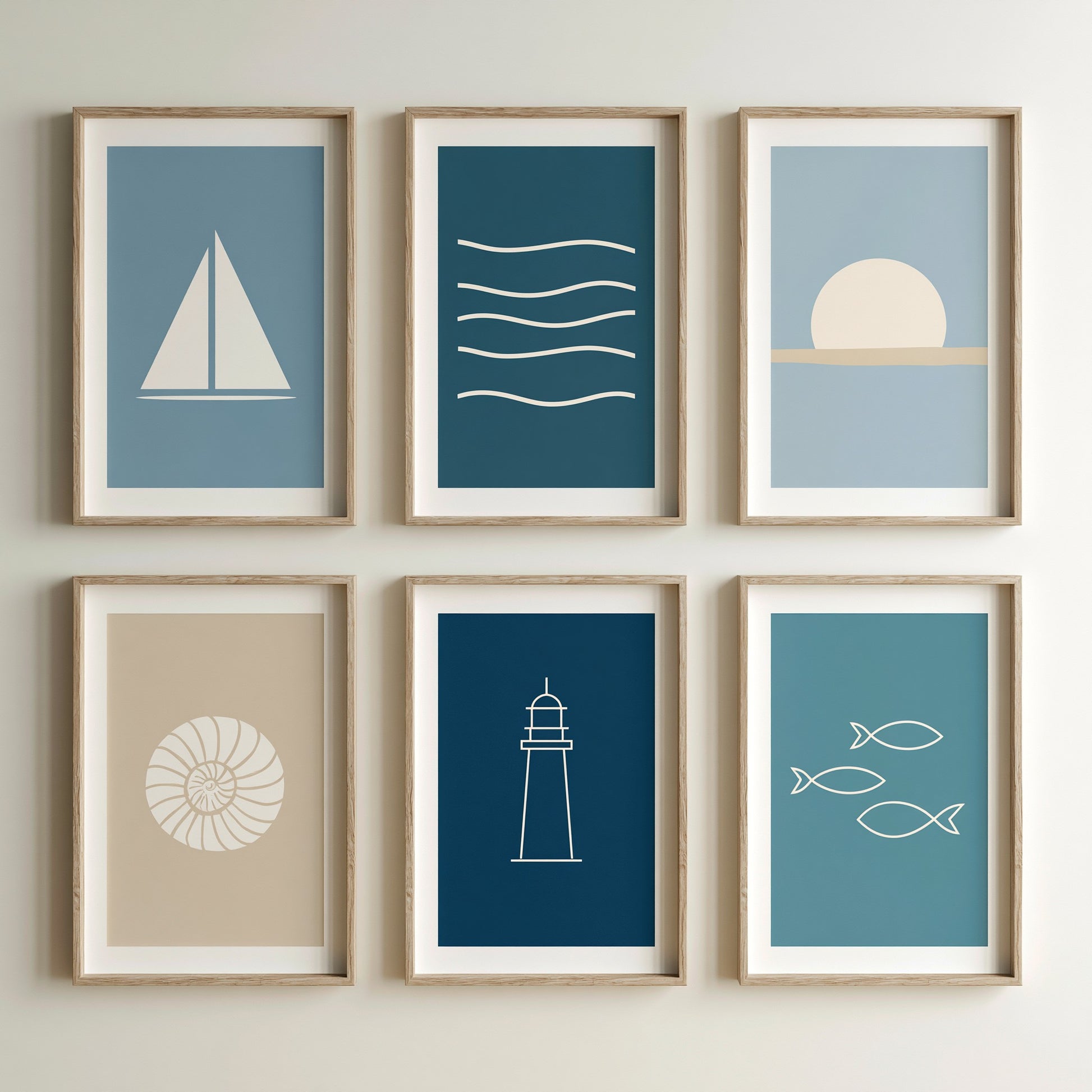 Set of Six Minimalist Coastal Illustrations - 6 Nautical Art Prints - Sailboat, Waves, Sunset, Nautilus, Lighthouse, Fish - Poster