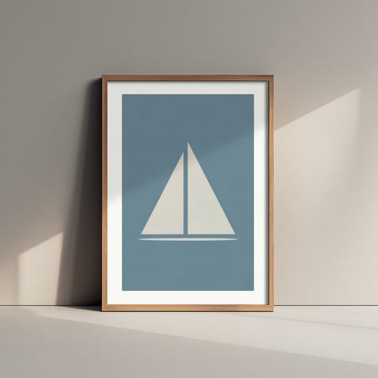 Minimalist Sailboat Art Print - Slate Blue Nautical Poster - Coastal Sail Shape Illustration V1 1/3