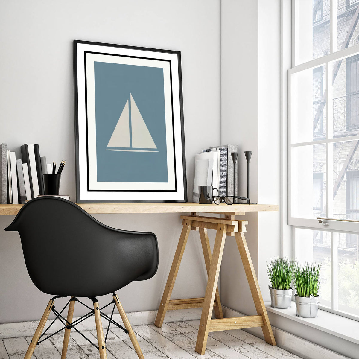 Minimalist Sailboat Art Print - Slate Blue Nautical Poster - Coastal Sail Shape Illustration V1 1/3
