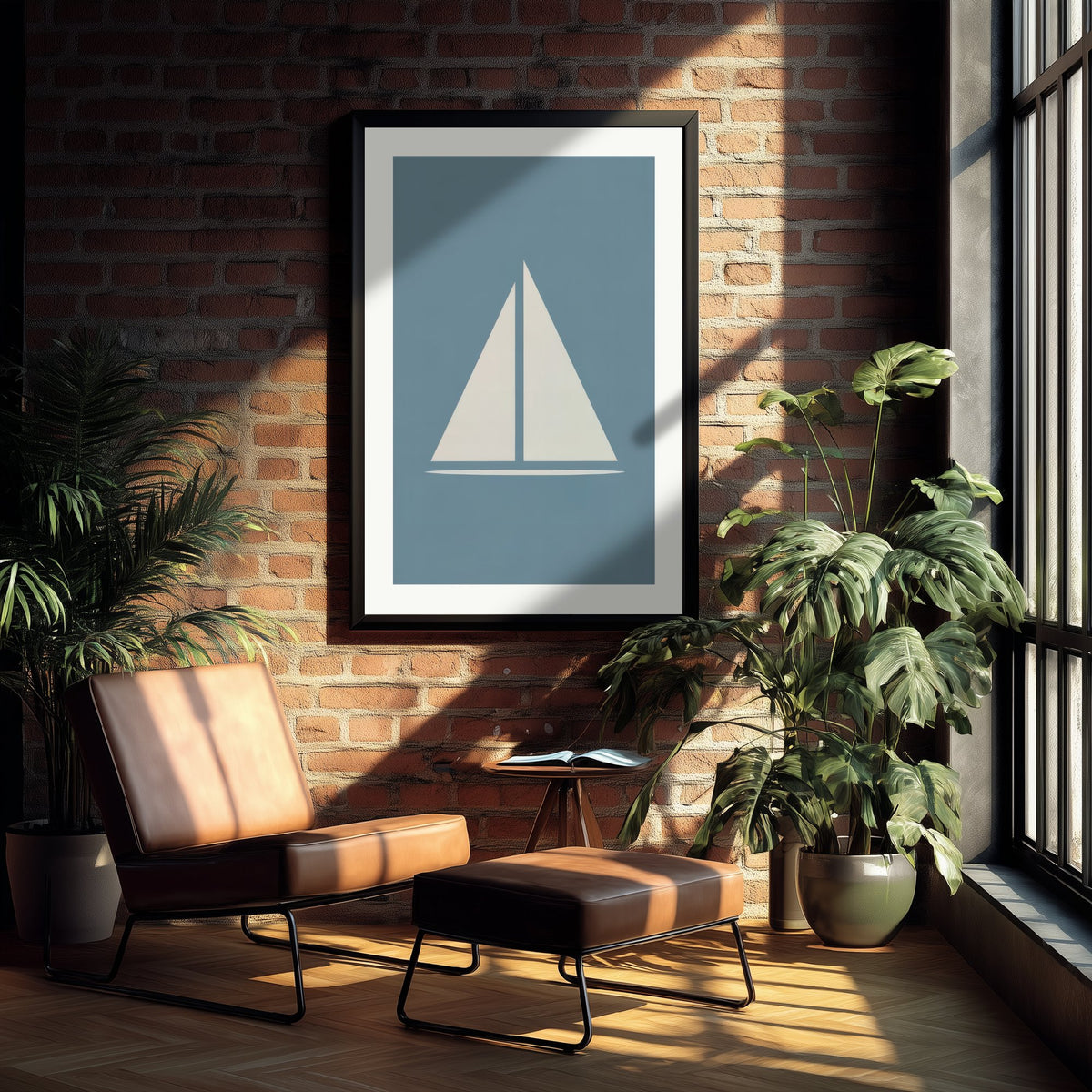 Minimalist Sailboat Art Print - Slate Blue Nautical Poster - Coastal Sail Shape Illustration V1 1/3