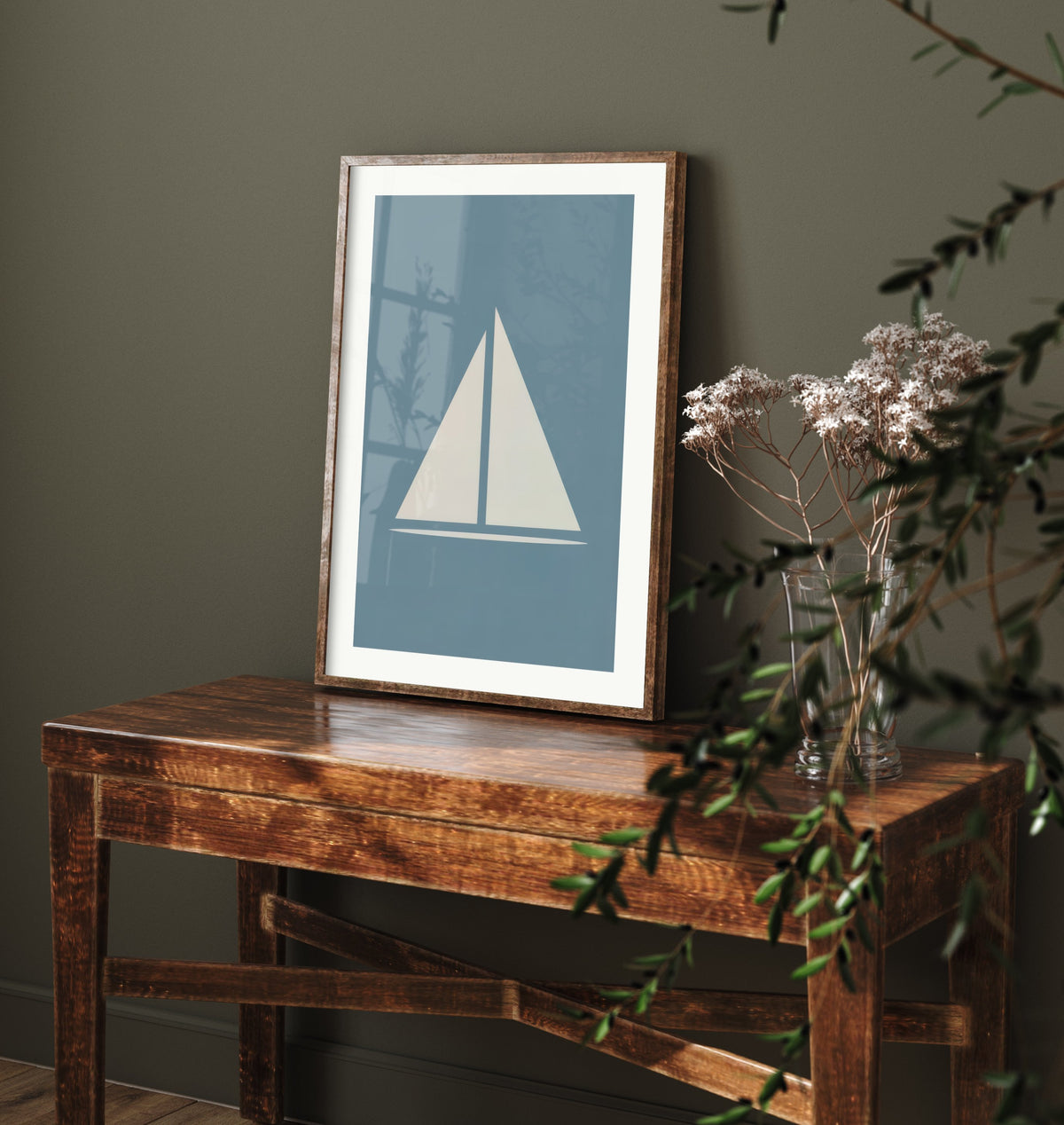 Minimalist Sailboat Art Print - Slate Blue Nautical Poster - Coastal Sail Shape Illustration V1 1/3