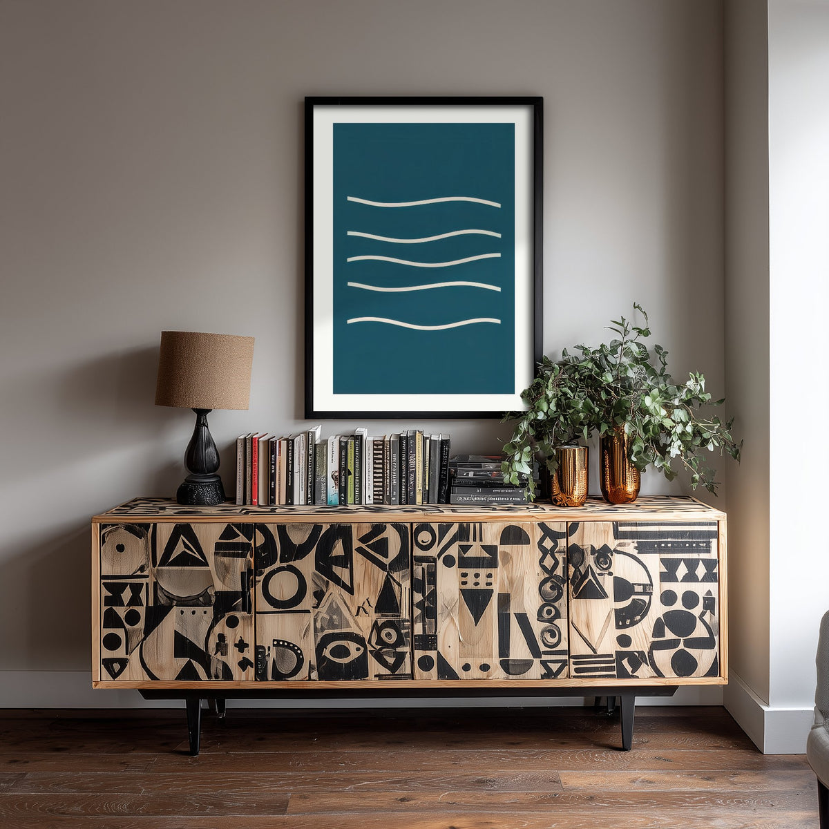 Ocean Waves Art Print - Deep Teal Minimalist Sea Poster - Wavy Line Coastal Illustration V1 2/3