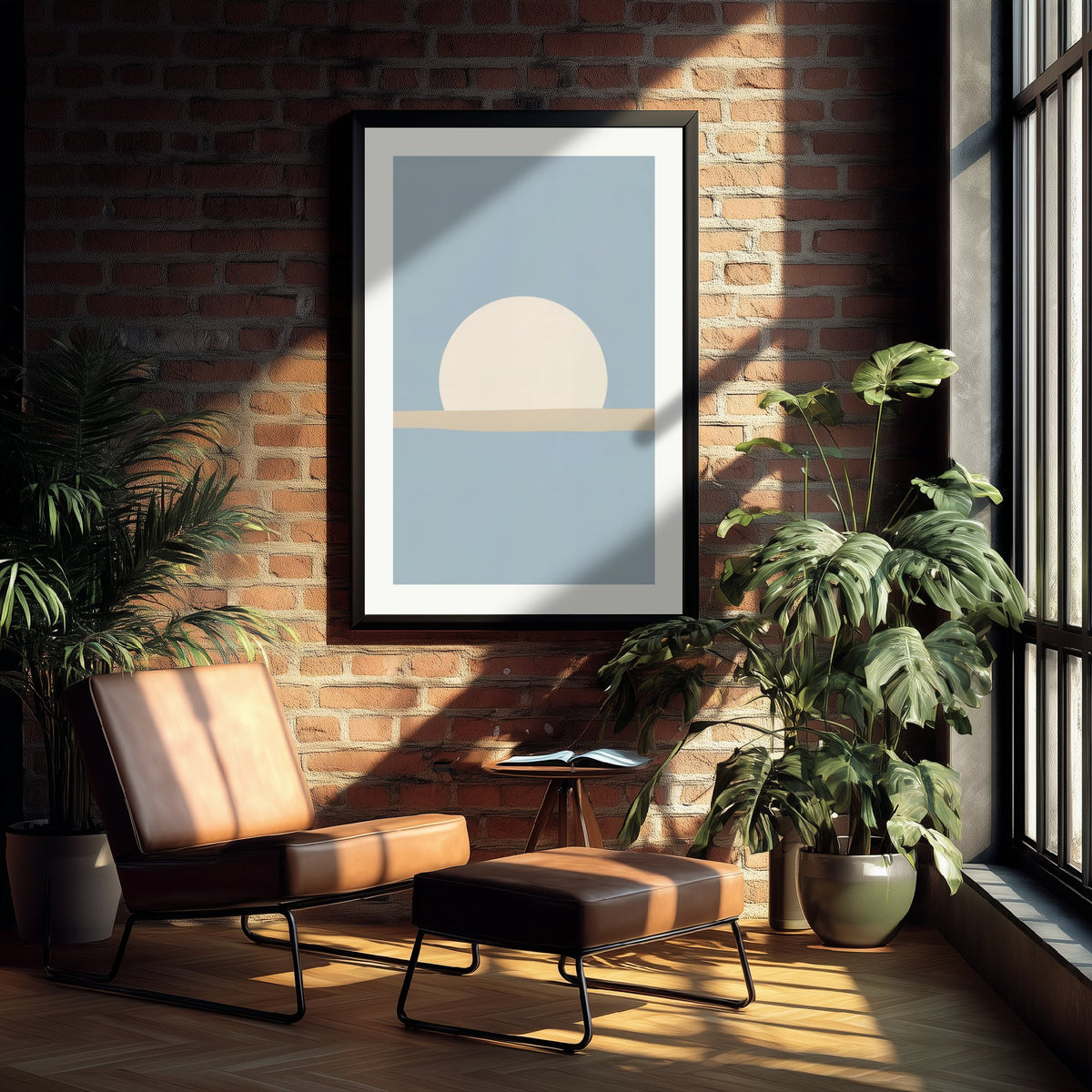 Setting Sun Art Print - Powder Blue Seaside Horizon Poster - Minimalist Sunrise Illustration V1 3/3