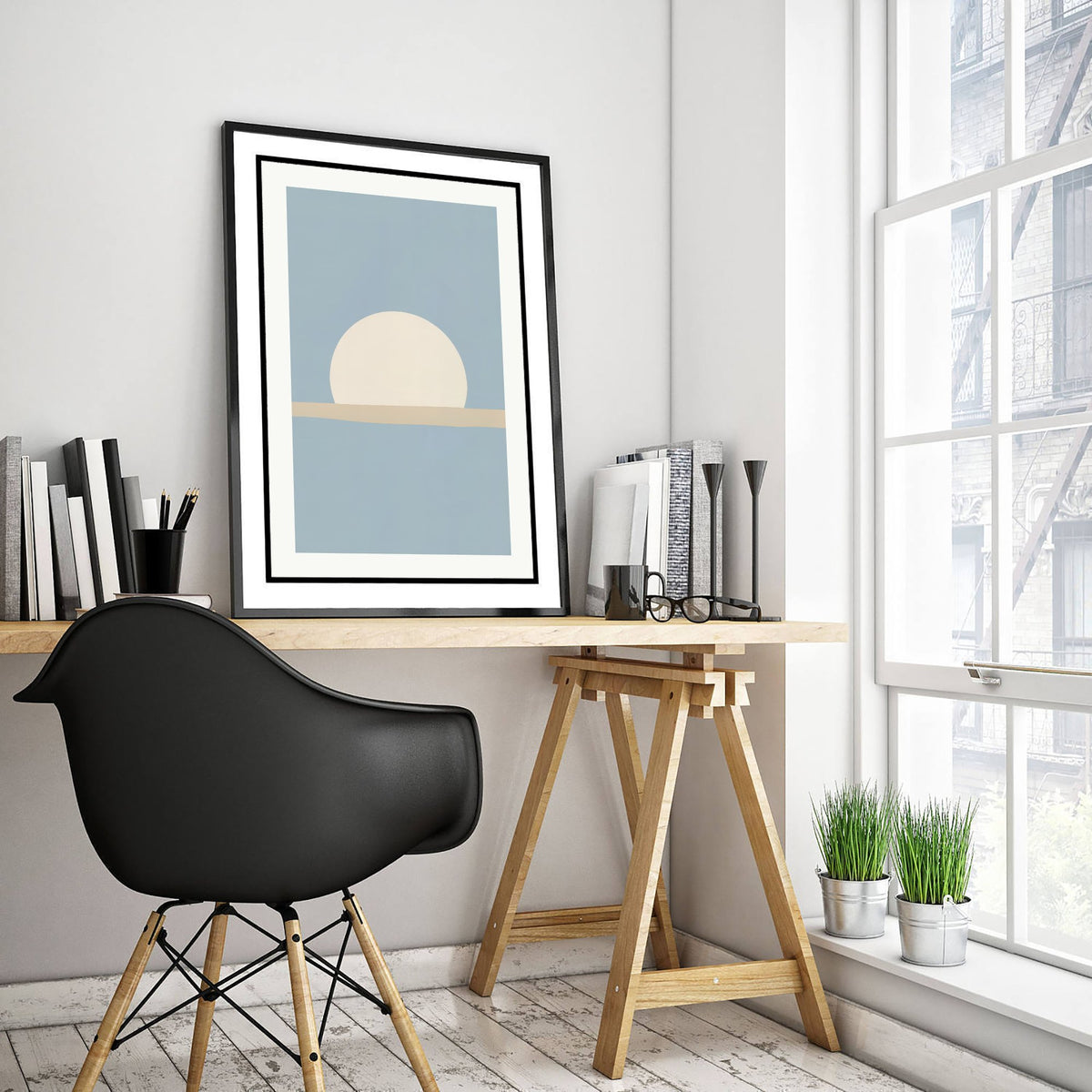 Setting Sun Art Print - Powder Blue Seaside Horizon Poster - Minimalist Sunrise Illustration V1 3/3
