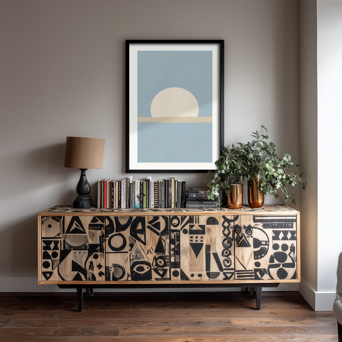 Setting Sun Art Print - Powder Blue Seaside Horizon Poster - Minimalist Sunrise Illustration V1 3/3