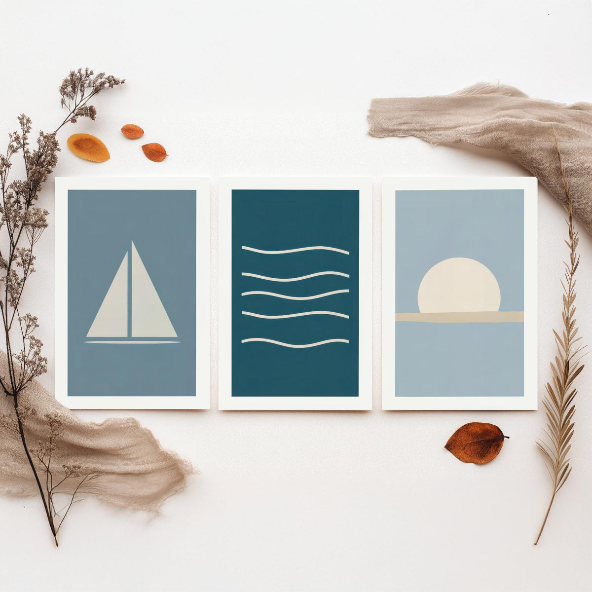 Minimalist Sailboat Set of Three Art Prints - Sailing Boat, Ocean Waves, Setting Sun - Coastal Nautical Blue Poster Illustration V1