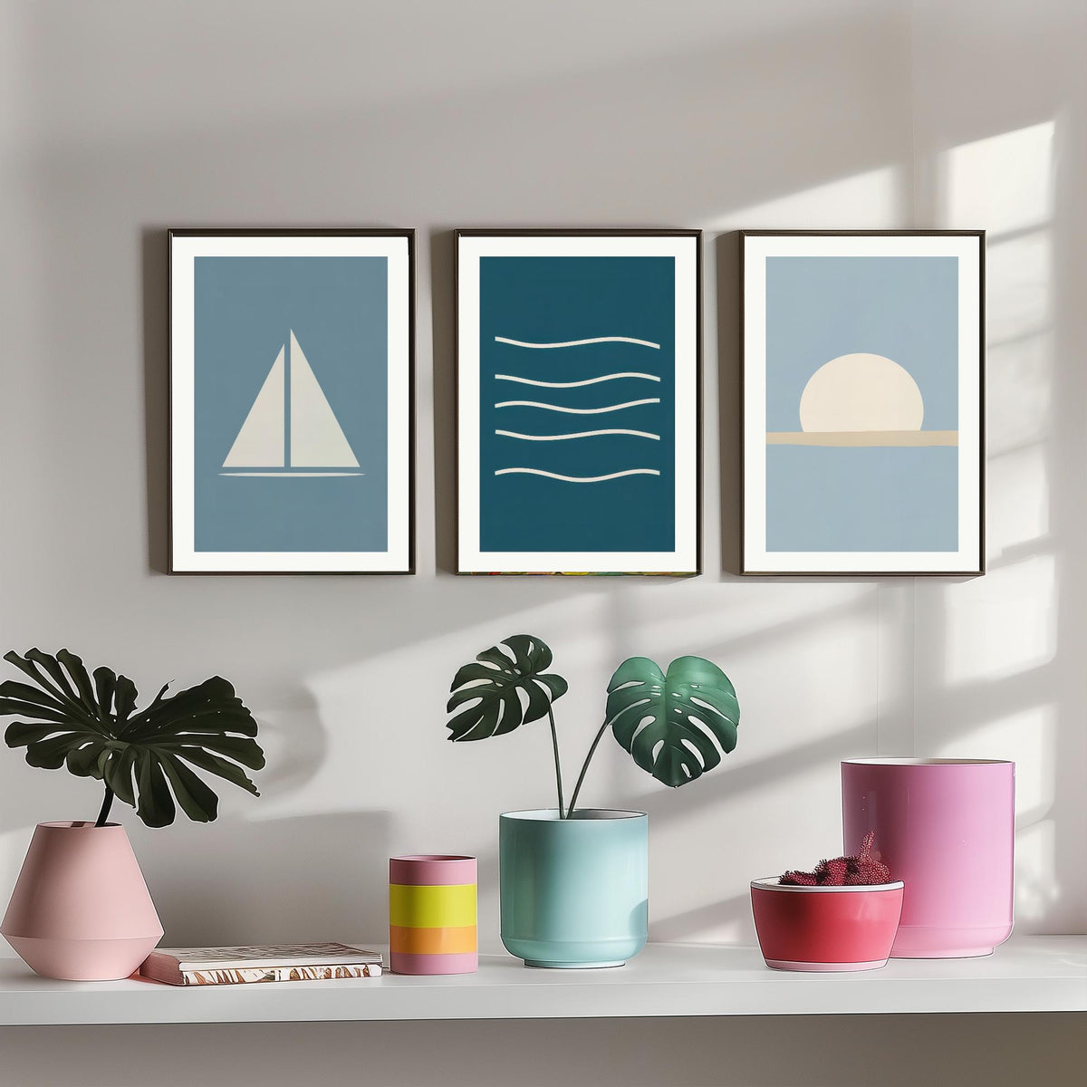 Minimalist Sailboat Set of Three Art Prints - Sailing Boat, Ocean Waves, Setting Sun - Coastal Nautical Blue Poster Illustration V1