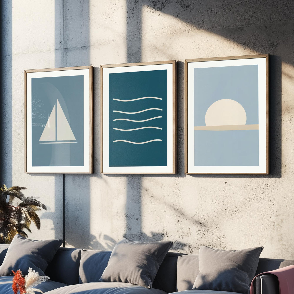 Minimalist Sailboat Set of Three Art Prints - Sailing Boat, Ocean Waves, Setting Sun - Coastal Nautical Blue Poster Illustration V1