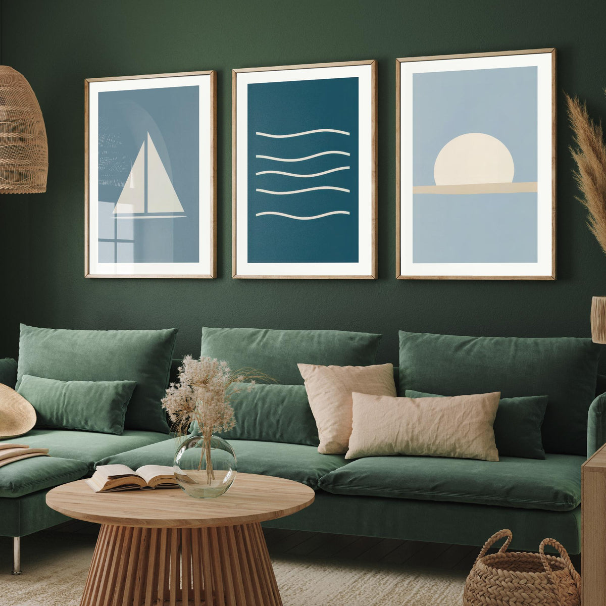Minimalist Sailboat Set of Three Art Prints - Sailing Boat, Ocean Waves, Setting Sun - Coastal Nautical Blue Poster Illustration V1