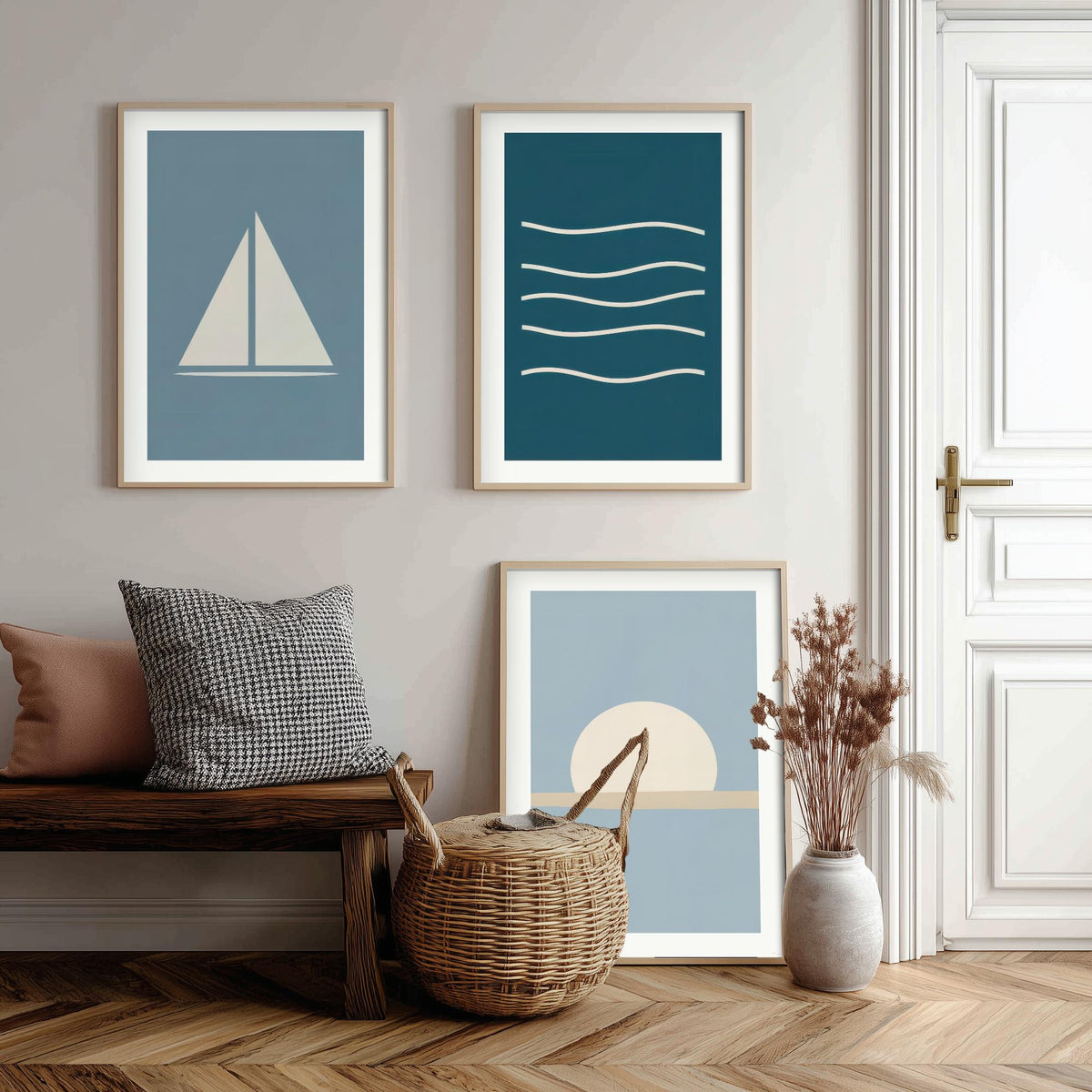 Minimalist Sailboat Set of Three Art Prints - Sailing Boat, Ocean Waves, Setting Sun - Coastal Nautical Blue Poster Illustration V1