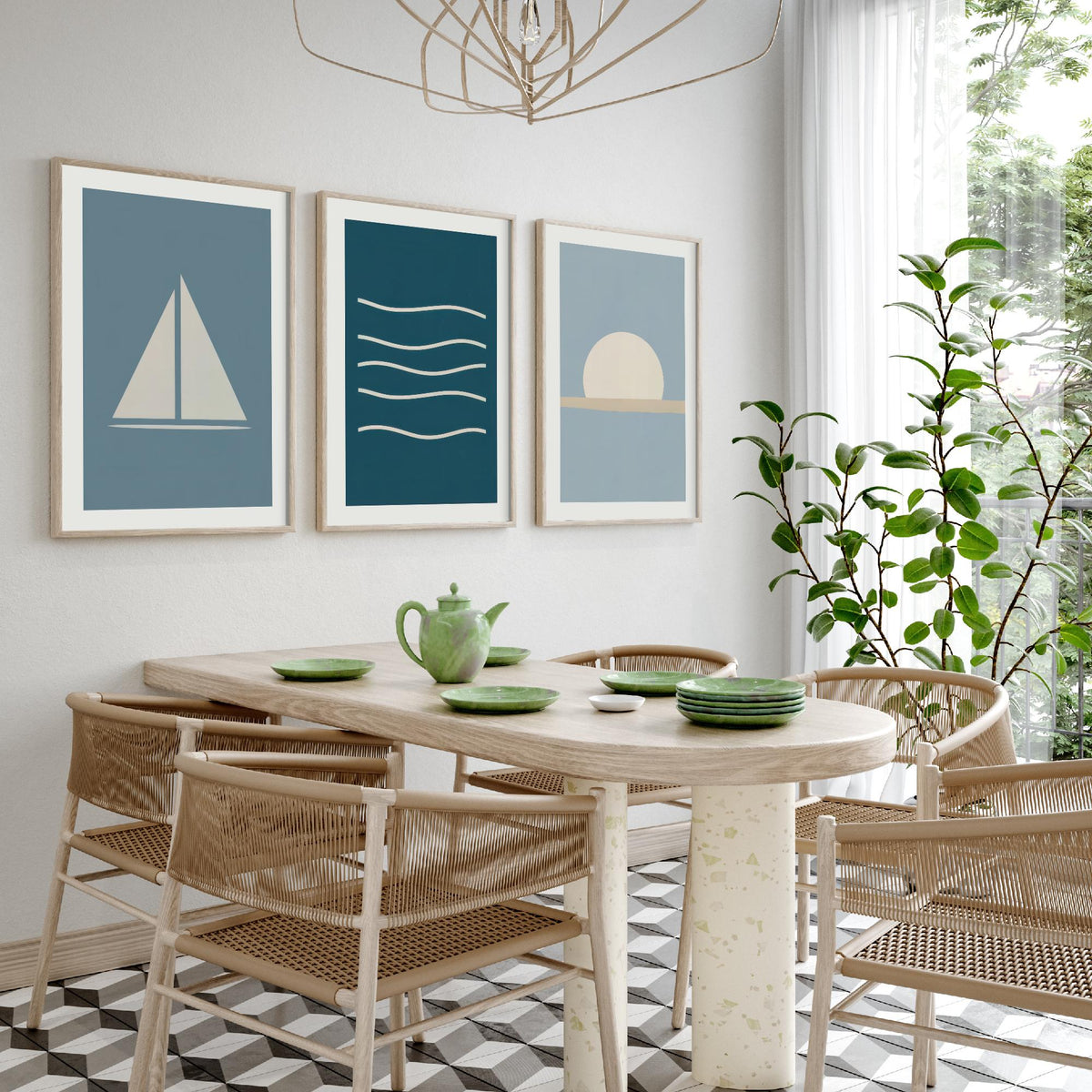Minimalist Sailboat Set of Three Art Prints - Sailing Boat, Ocean Waves, Setting Sun - Coastal Nautical Blue Poster Illustration V1