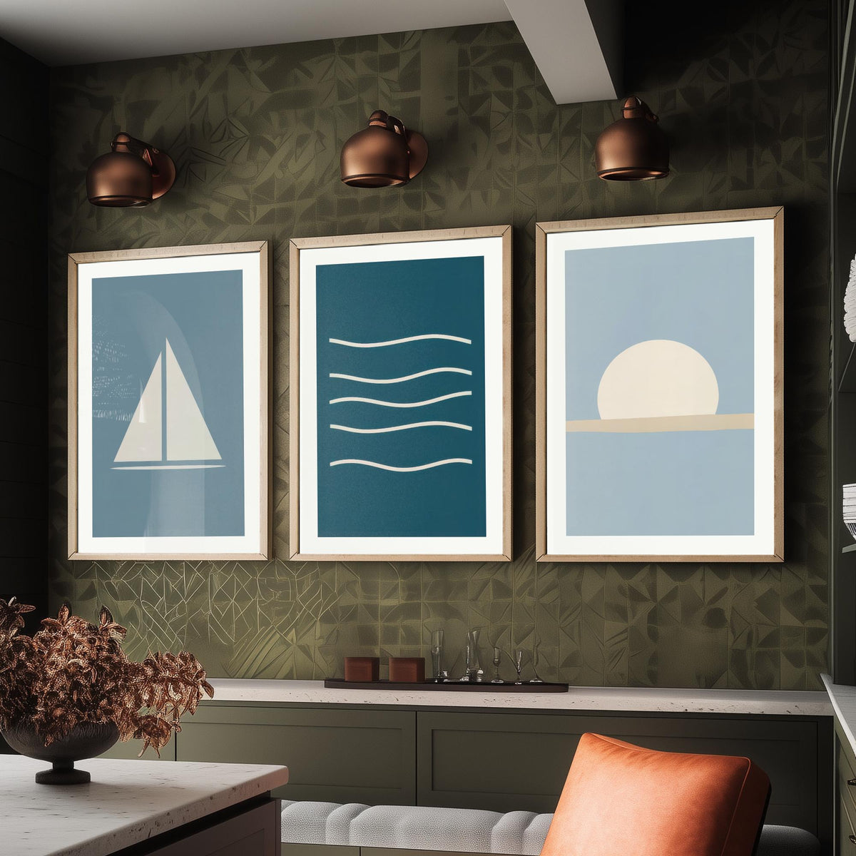 Minimalist Sailboat Set of Three Art Prints - Sailing Boat, Ocean Waves, Setting Sun - Coastal Nautical Blue Poster Illustration V1