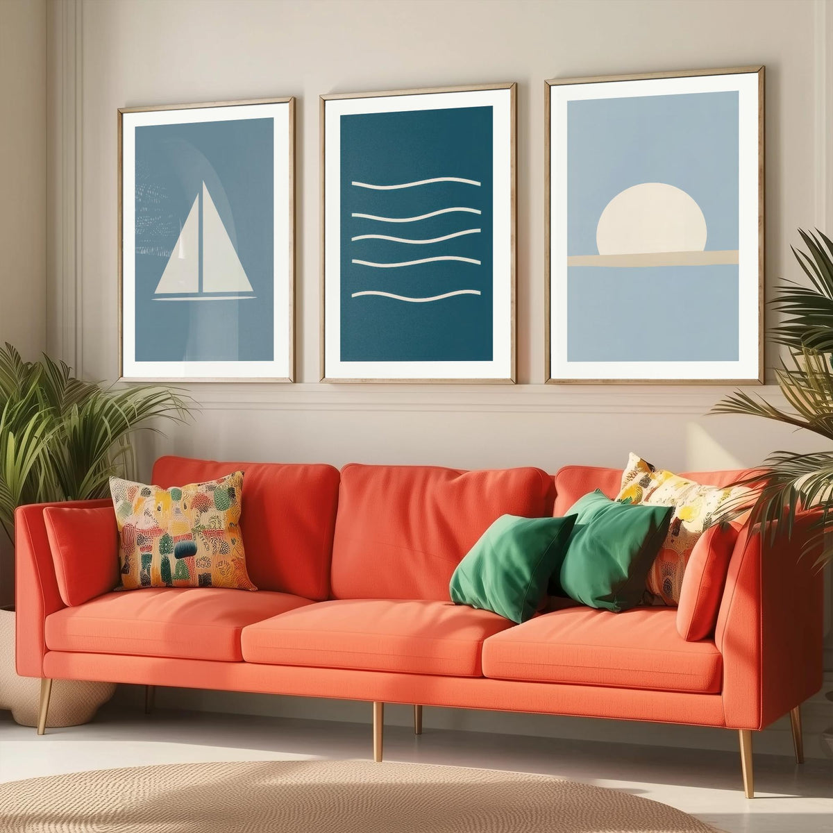 Minimalist Sailboat Set of Three Art Prints - Sailing Boat, Ocean Waves, Setting Sun - Coastal Nautical Blue Poster Illustration V1