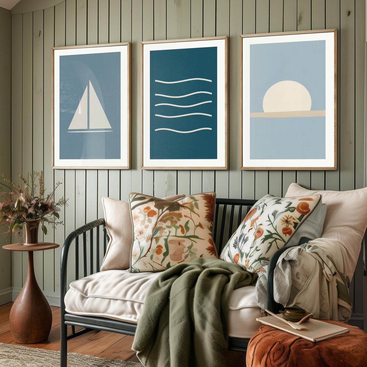 Minimalist Sailboat Set of Three Art Prints - Sailing Boat, Ocean Waves, Setting Sun - Coastal Nautical Blue Poster Illustration V1
