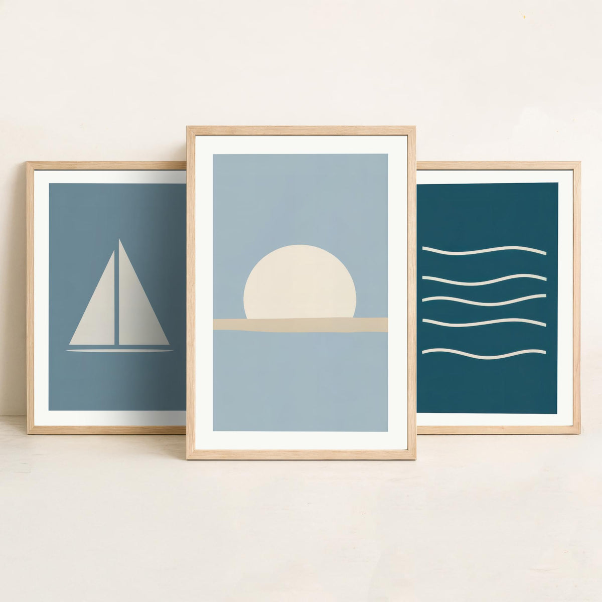 Minimalist Sailboat Set of Three Art Prints - Sailing Boat, Ocean Waves, Setting Sun - Coastal Nautical Blue Poster Illustration V1