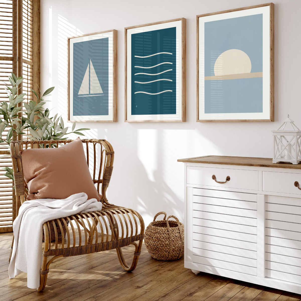 Minimalist Sailboat Set of Three Art Prints - Sailing Boat, Ocean Waves, Setting Sun - Coastal Nautical Blue Poster Illustration V1