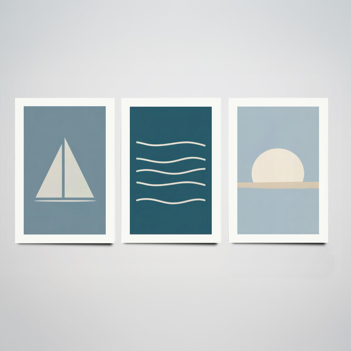 Minimalist Sailboat Set of Three Art Prints - Sailing Boat, Ocean Waves, Setting Sun - Coastal Nautical Blue Poster Illustration V1