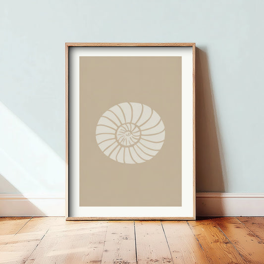 Spiral Seashell Art Print - Sand Beige Coastal Poster - Minimalist Shell Line Illustration V2 1/3