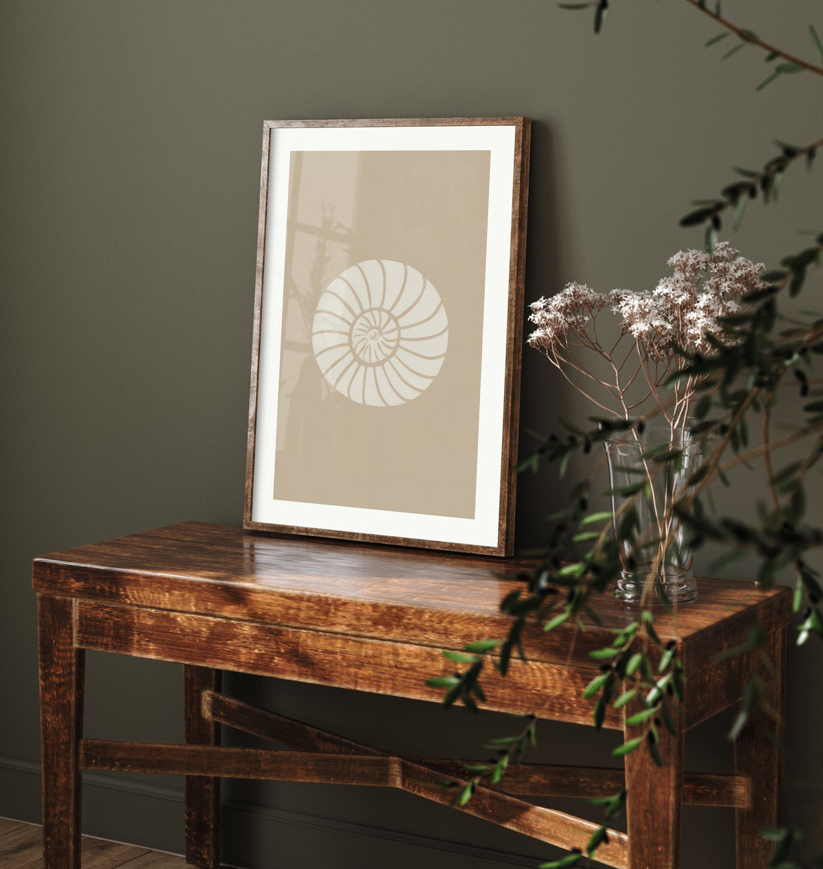 Spiral Seashell Art Print - Sand Beige Coastal Poster - Minimalist Shell Line Illustration V2 1/3
