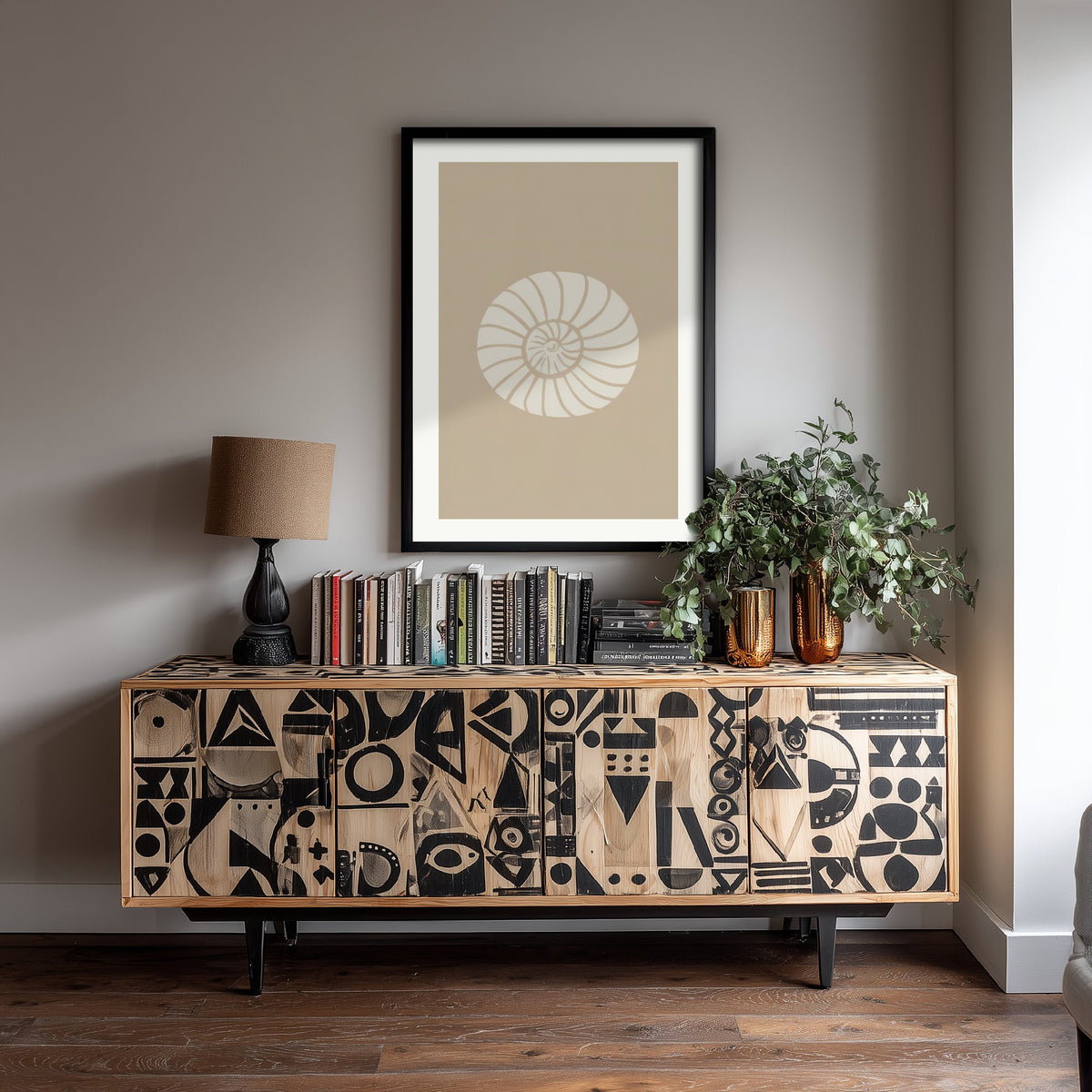Spiral Seashell Art Print - Sand Beige Coastal Poster - Minimalist Shell Line Illustration V2 1/3