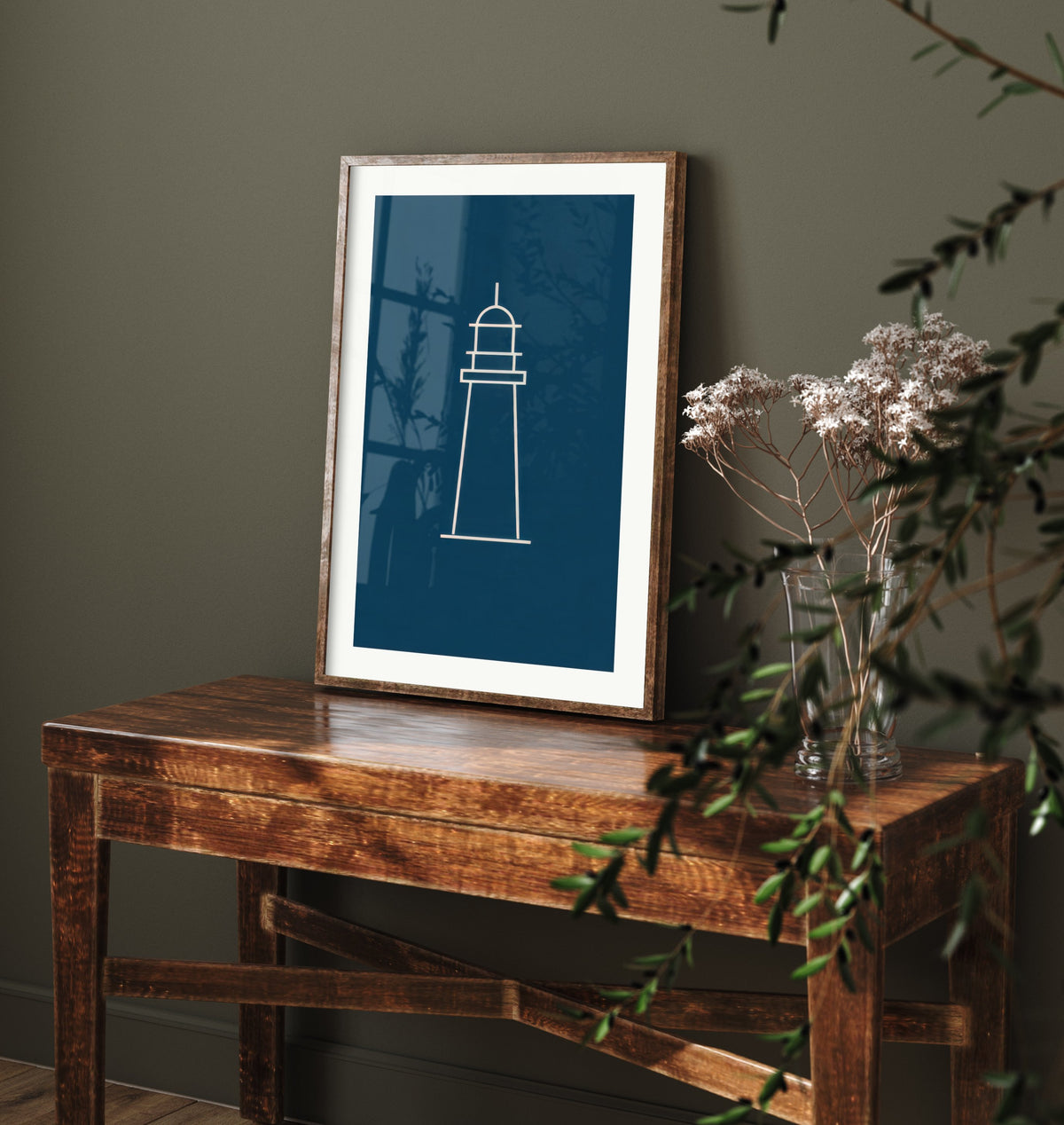 Lighthouse Art Print - Navy Nautical Line Poster - Minimalist Coastal Beacon Illustration V2 2/3
