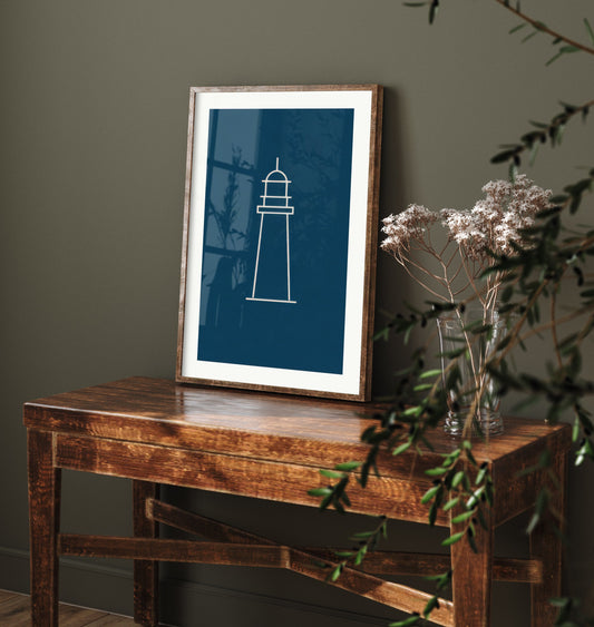 Lighthouse Art Print - Navy Nautical Line Poster - Minimalist Coastal Beacon Illustration V2 2/3
