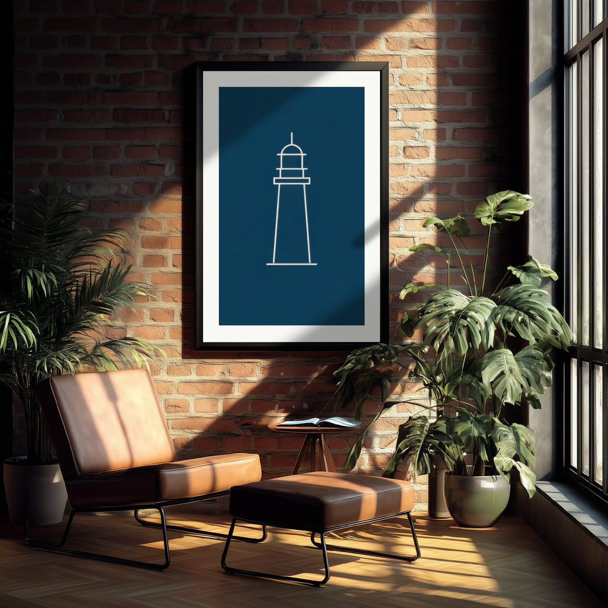 Lighthouse Art Print - Navy Nautical Line Poster - Minimalist Coastal Beacon Illustration V2 2/3