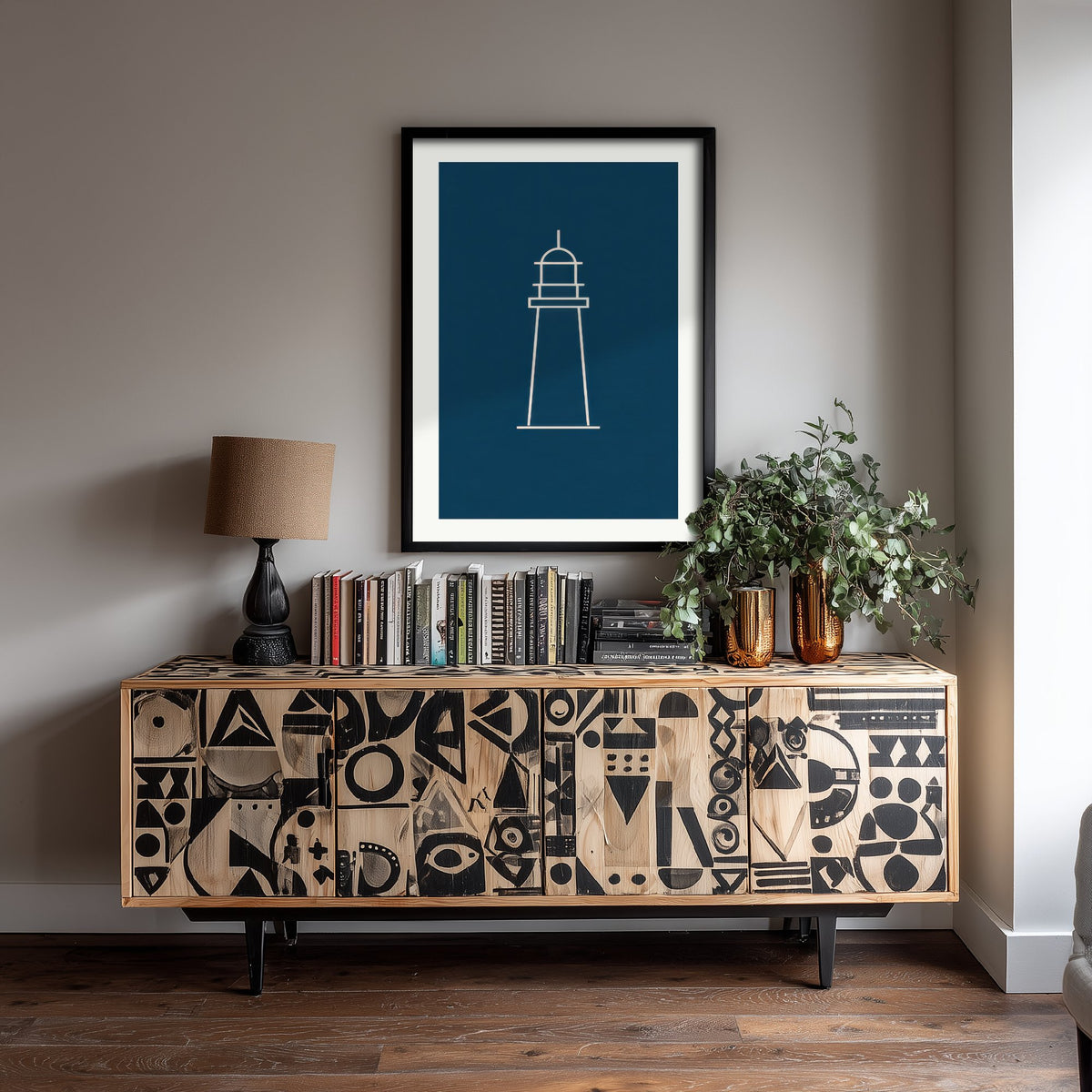 Lighthouse Art Print - Navy Nautical Line Poster - Minimalist Coastal Beacon Illustration V2 2/3