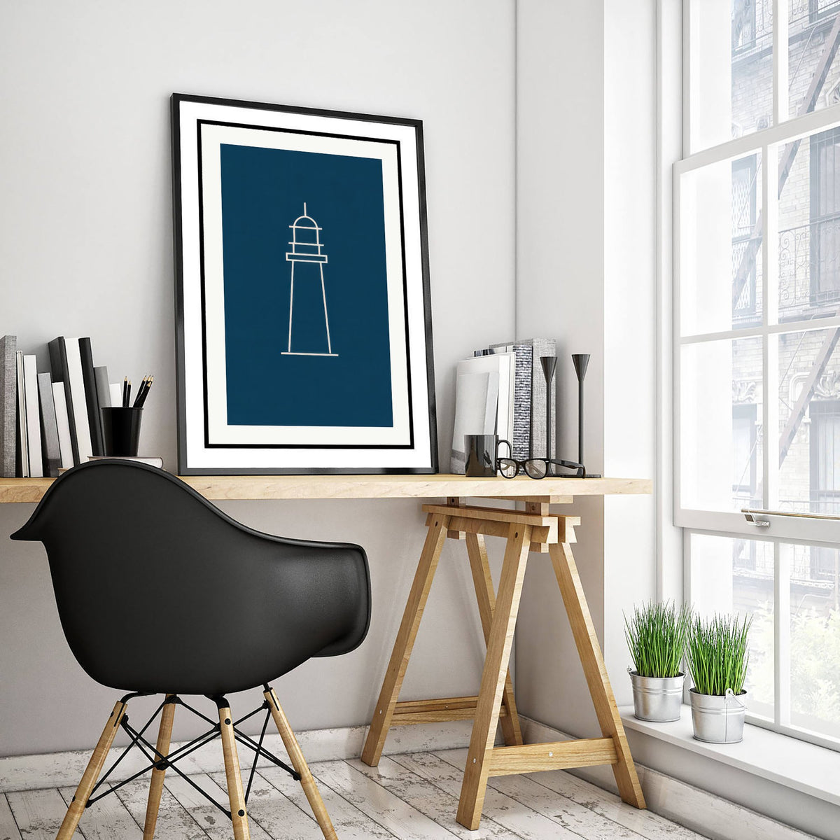 Lighthouse Art Print - Navy Nautical Line Poster - Minimalist Coastal Beacon Illustration V2 2/3