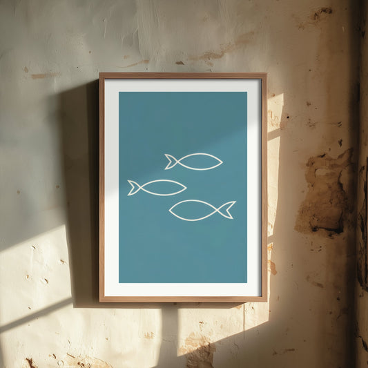 Outline Fish Art Print - Soft Teal Nautical Poster - Minimalist Shoal Line Illustration V2 3/3