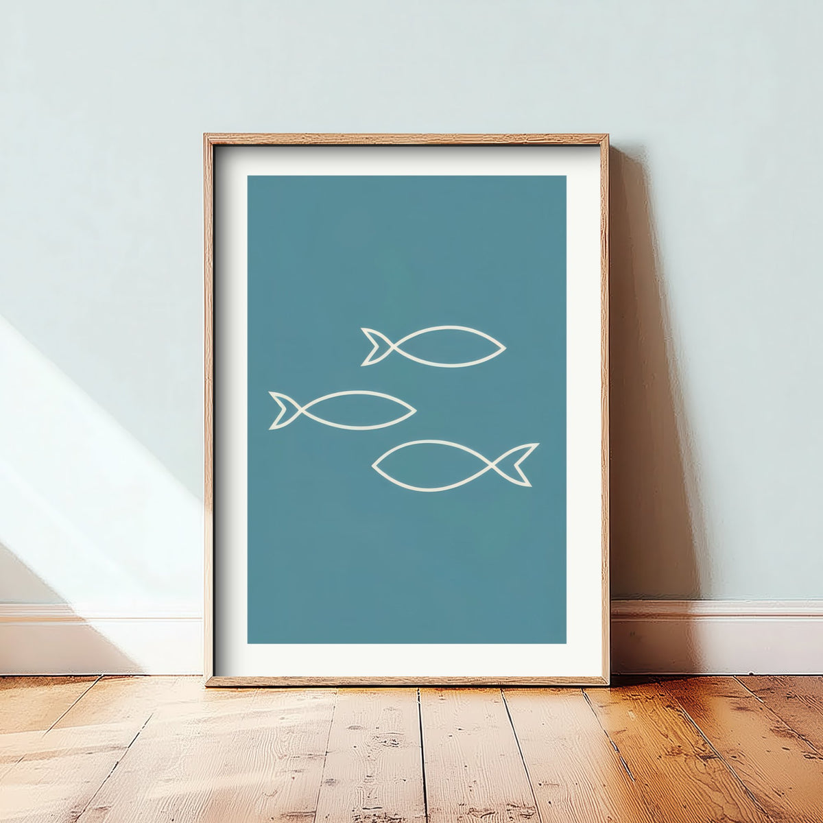 Outline Fish Art Print - Soft Teal Nautical Poster - Minimalist Shoal Line Illustration V2 3/3