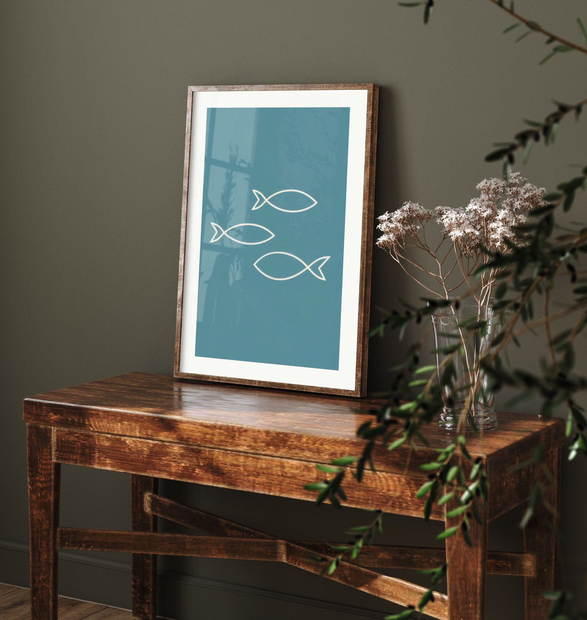 Outline Fish Art Print - Soft Teal Nautical Poster - Minimalist Shoal Line Illustration V2 3/3