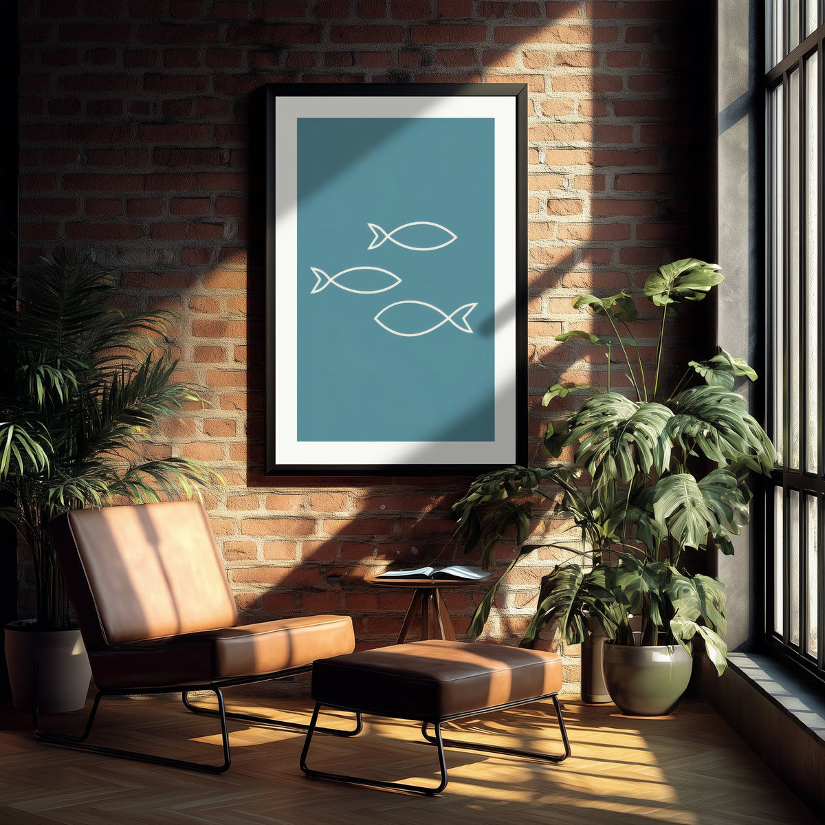 Outline Fish Art Print - Soft Teal Nautical Poster - Minimalist Shoal Line Illustration V2 3/3