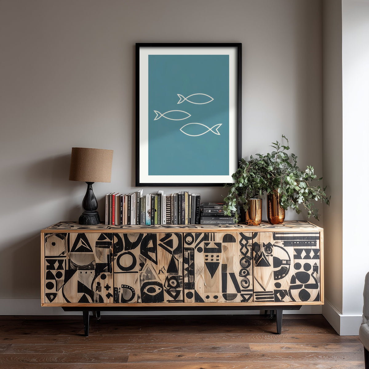 Outline Fish Art Print - Soft Teal Nautical Poster - Minimalist Shoal Line Illustration V2 3/3