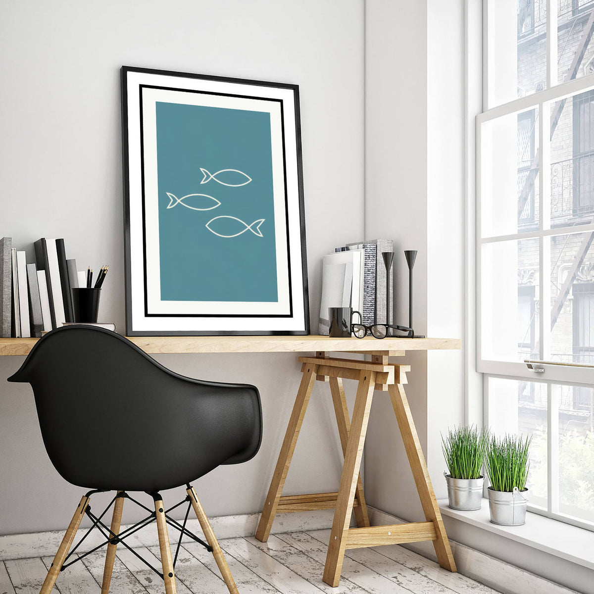 Outline Fish Art Print - Soft Teal Nautical Poster - Minimalist Shoal Line Illustration V2 3/3