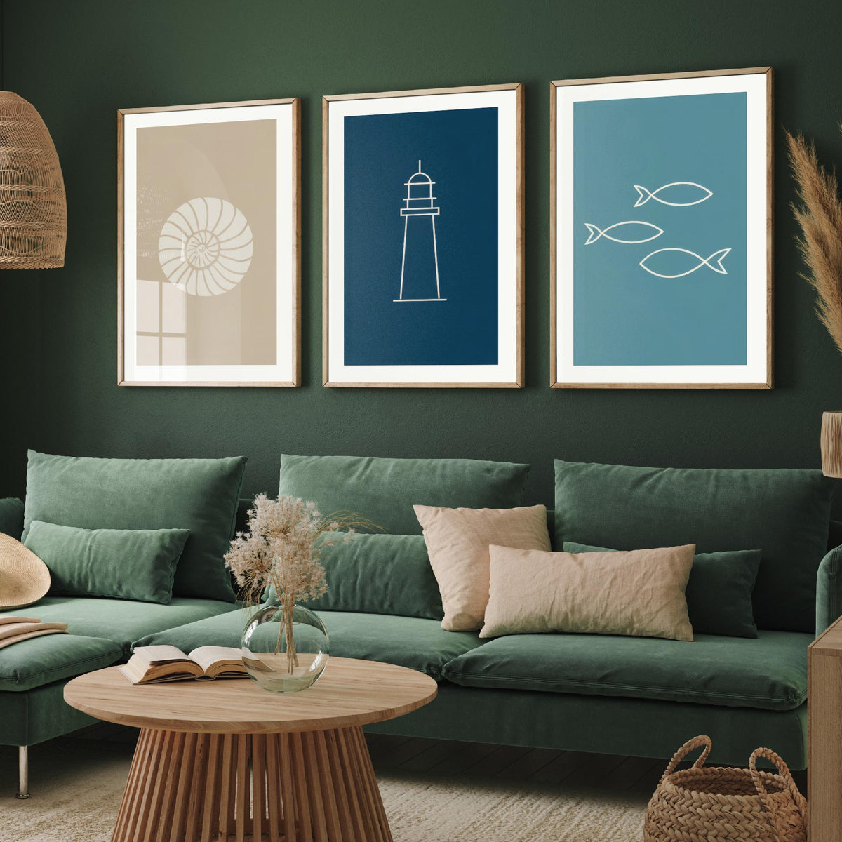 Seashell, Lighthouse & Fish Set of Three Art Prints - Minimalist Nautical Blue Coastal Poster - Sand, Navy and Teal Line Illustration V2