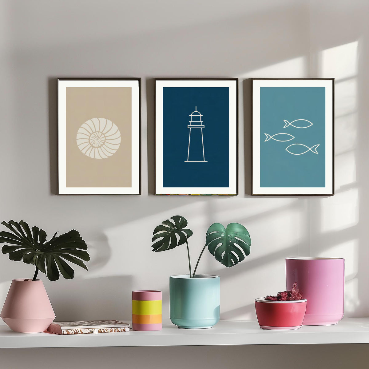 Seashell, Lighthouse & Fish Set of Three Art Prints - Minimalist Nautical Blue Coastal Poster - Sand, Navy and Teal Line Illustration V2