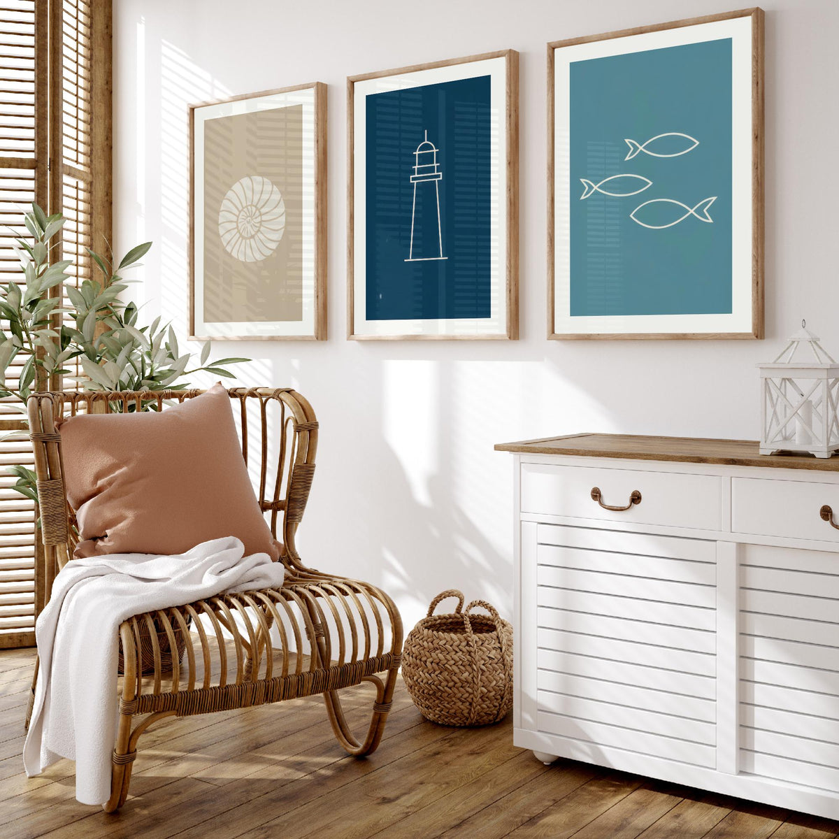 Seashell, Lighthouse & Fish Set of Three Art Prints - Minimalist Nautical Blue Coastal Poster - Sand, Navy and Teal Line Illustration V2
